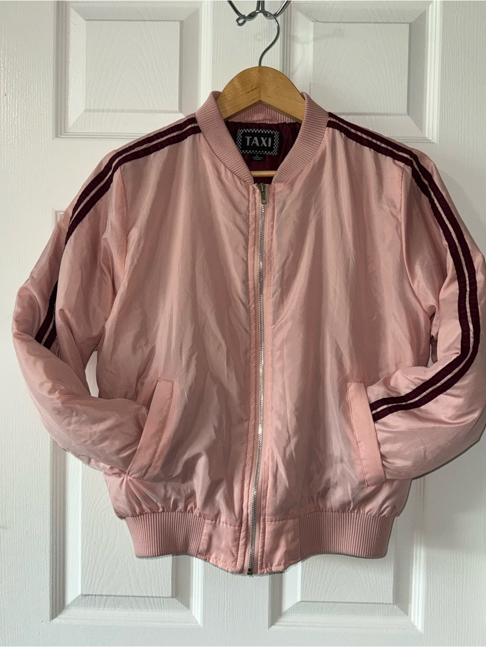 TAXI Pink Bomber Jacket‎ Burgundy Stripe Zip Front Lightweight Size Large - Picture 2 of 9